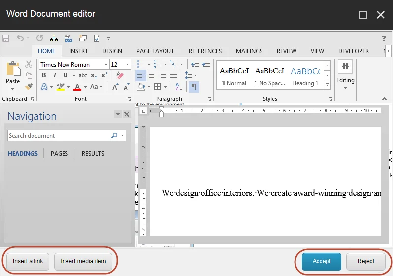The Word Document editor dialog box.