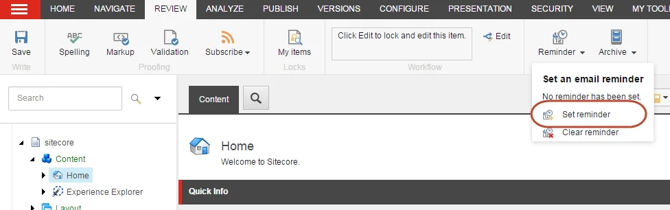 The Reminder menu on the Review ribbon.