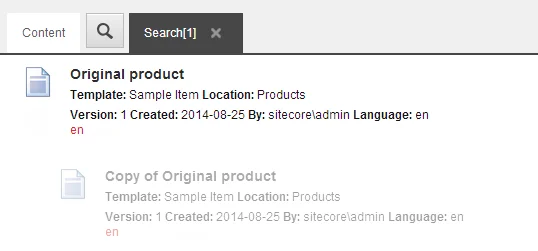 The Search results containing a clone and the original item.