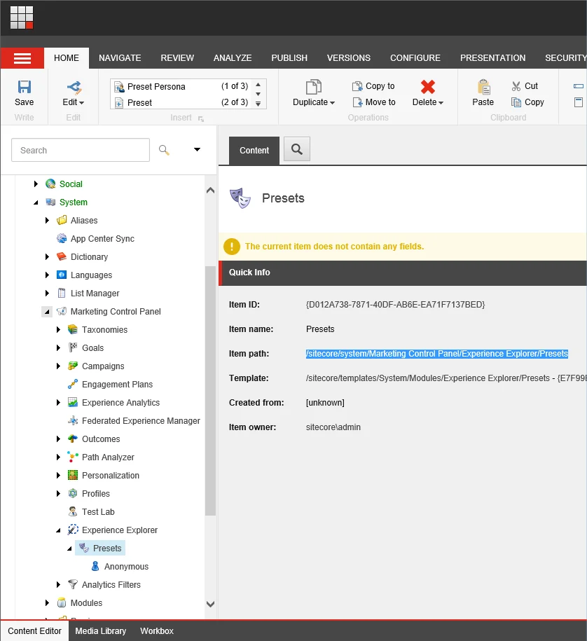 The Presets node in the Content Editor The Presets node in the Content Editor