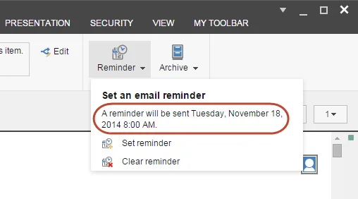 The scheduled reminder displayed in the Reminder menu.