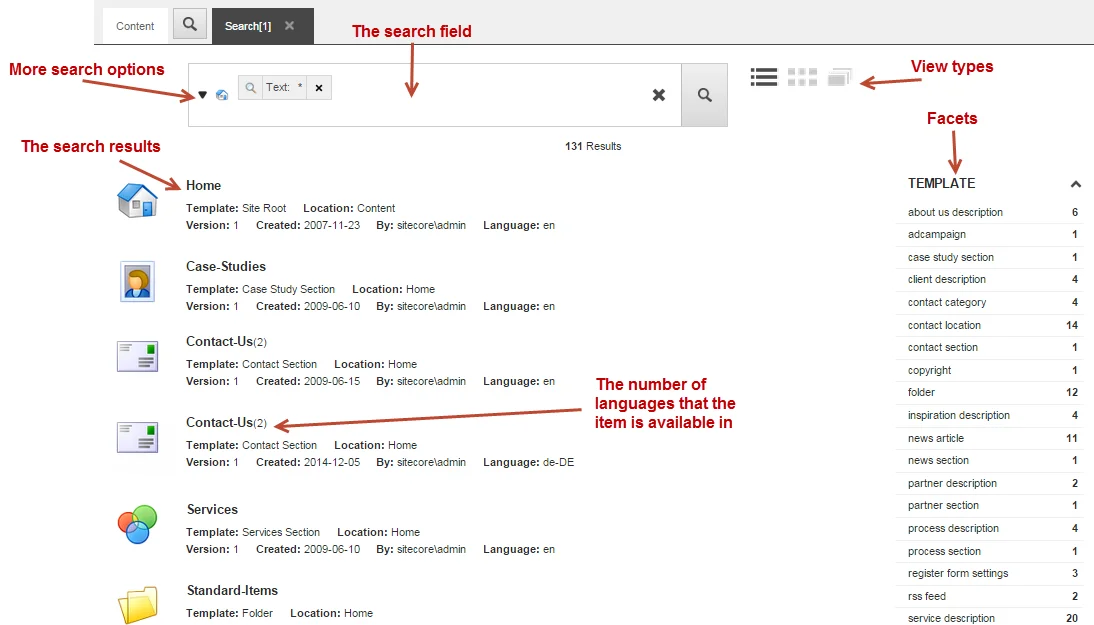 The Search tab with callouts to the search options, results, and filters.