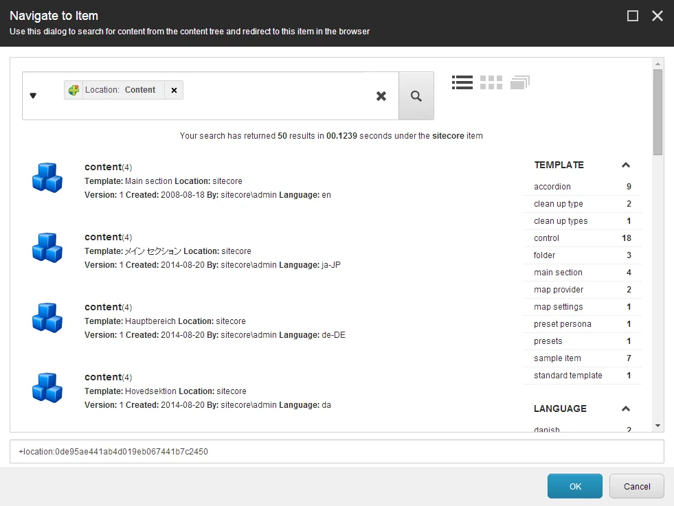 The Navigate to Item dialog box in the Experience Editor.