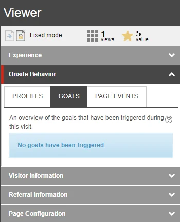 The Viewer panel shows no goals have been triggered The Viewer panel shows no goals have been triggered