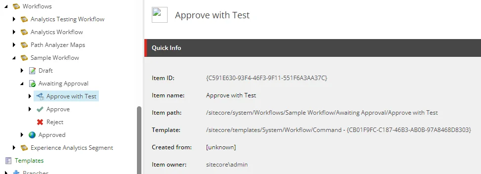 Approve with Test command in the Sample workflow
