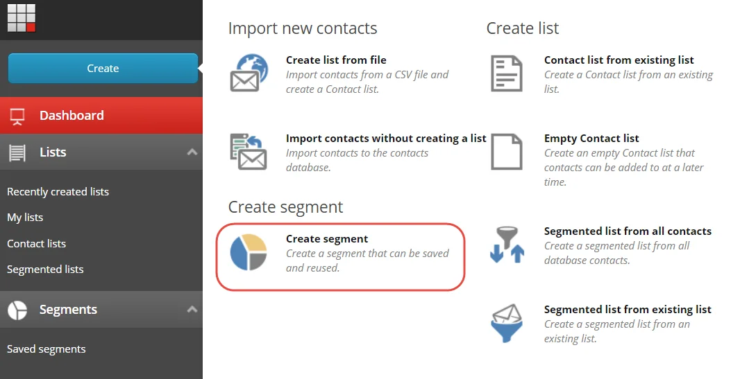 List Manager dialog, with the Create segment highlighted in red.
