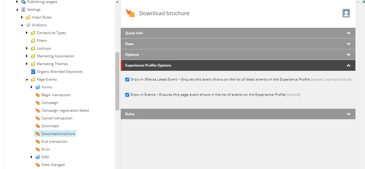 The Experience Profile Option section on a page event item