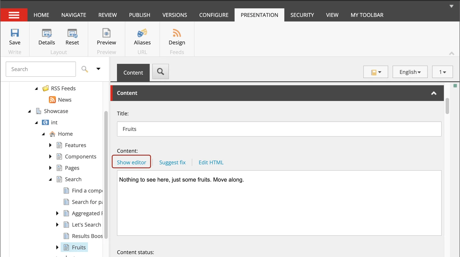 The Show editor link in the Page Title and Text section of the News item The Show editor link in the Page Title and Text section of the News item