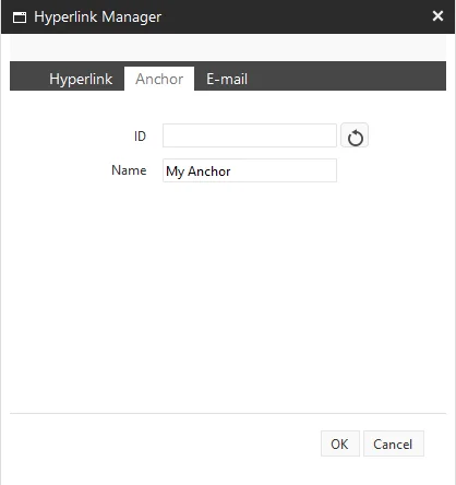 The Name field on the Anchor tab contains My Anchor. The Name field on the Anchor tab contains My Anchor.