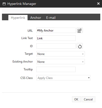 The URL field on the Hyperlink tab contains #My Anchor. The URL field on the Hyperlink tab contains #My Anchor.