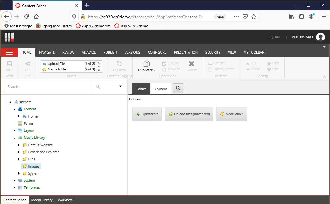 The content editor with a folder in the Media Library selected