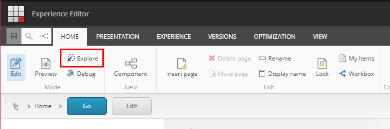 The Explore icon in the Mode group on the Home tab of the Experience Editor toolbar