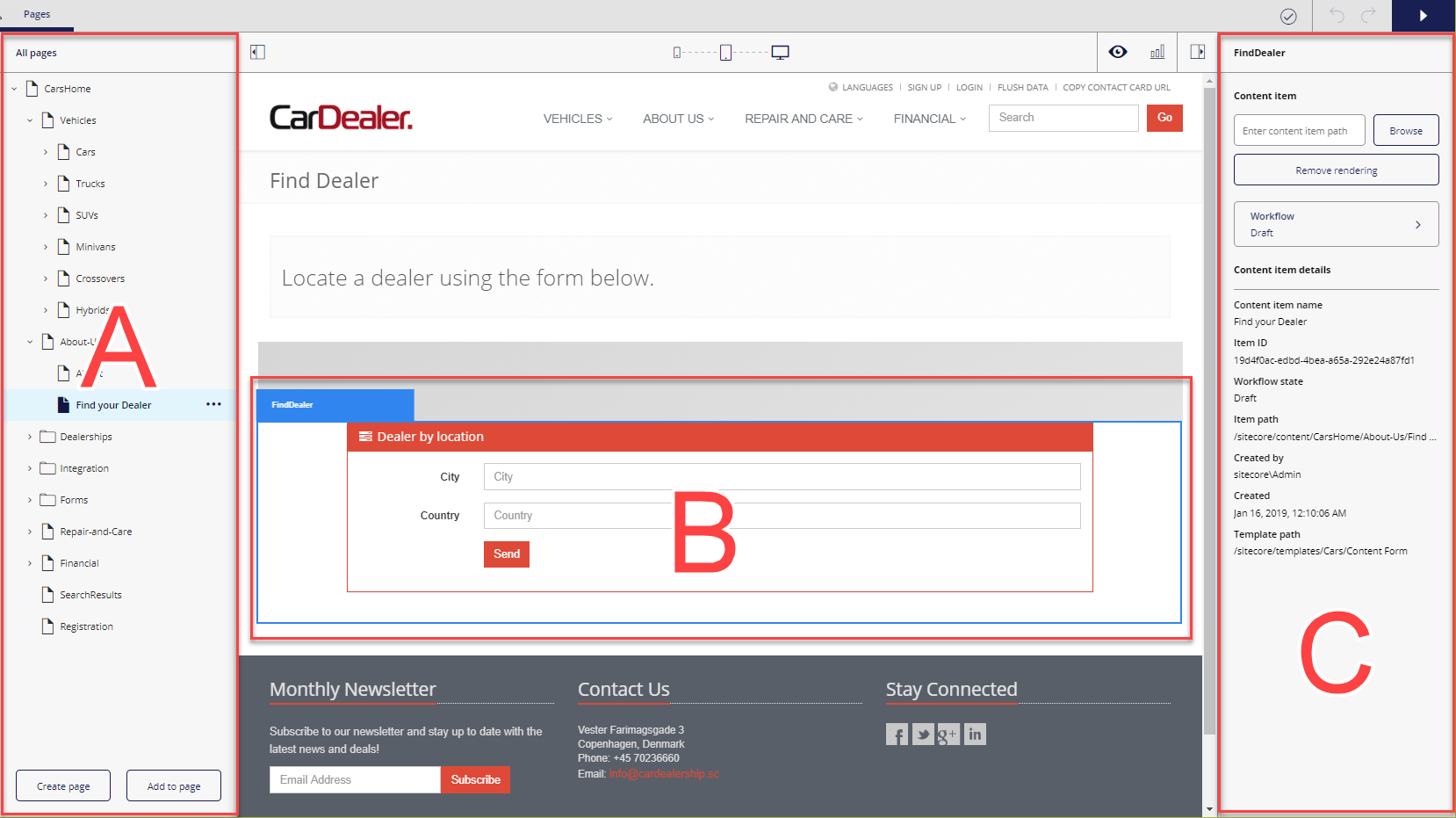 The three main areas of the page editor screen.