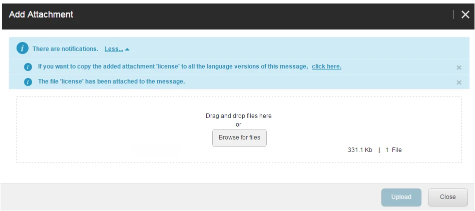 Add attachments dialog box notifications. Add attachments dialog box notifications.
