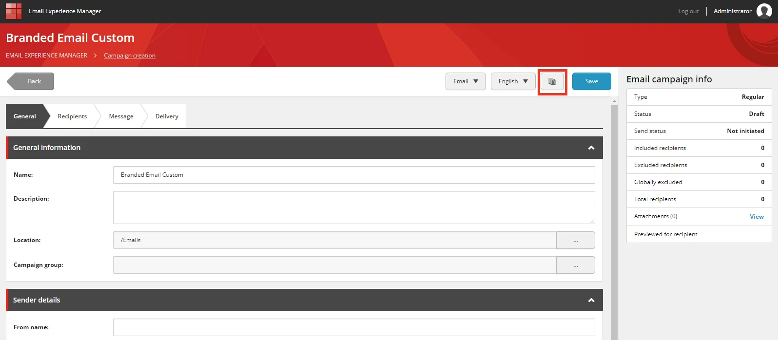 Email Experience Manager showing that the Copy button is to the left of the Save button. Email Experience Manager showing that the Copy button is to the left of the Save button.
