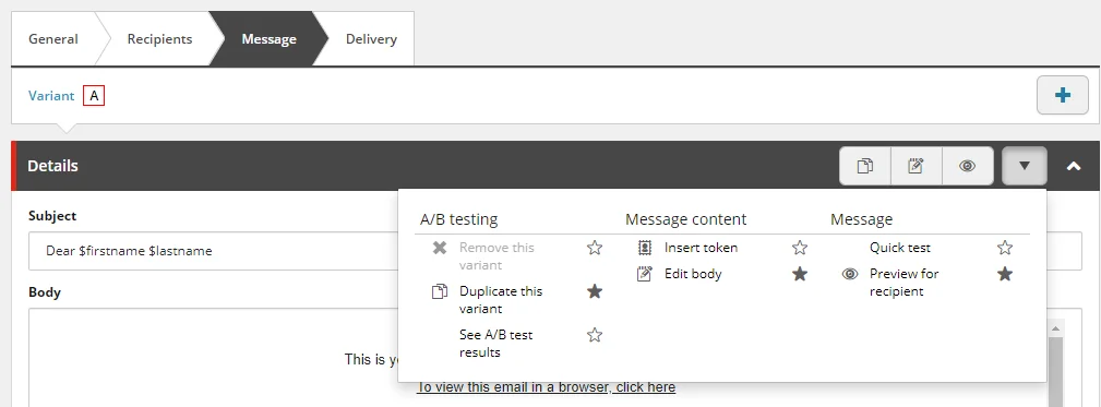 Message tab drop-down menu showing the Duplicate this variant command. Message tab drop-down menu showing the Duplicate this variant command.