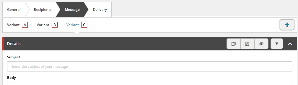 Message tab showing an example of three variants. Message tab showing an example of three variants.