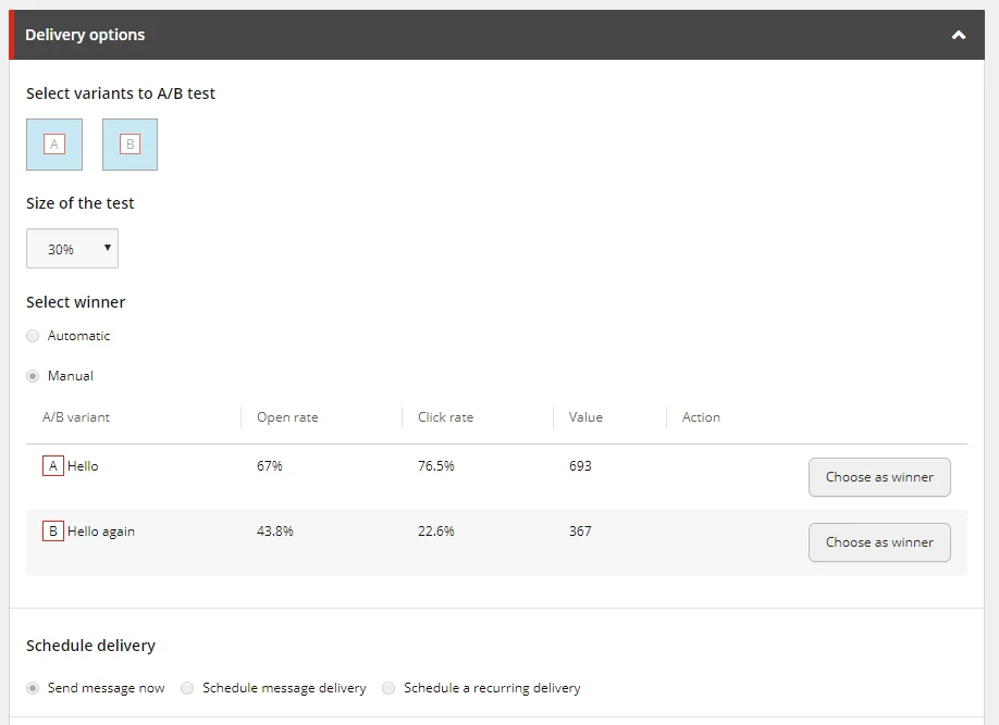 Email Experience Manager Delivery options for an A/B test. Email Experience Manager Delivery options for an A/B test.
