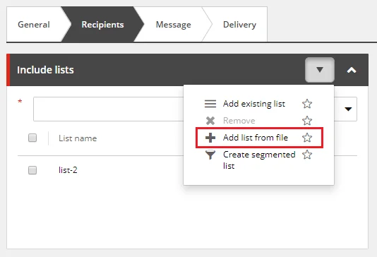 Email Experience Manager Recipients tab showing how to add list from file.