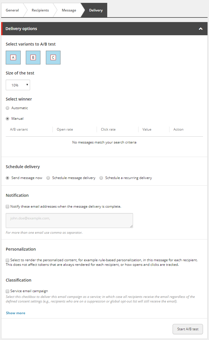 The email campaign builder Delivery tab.