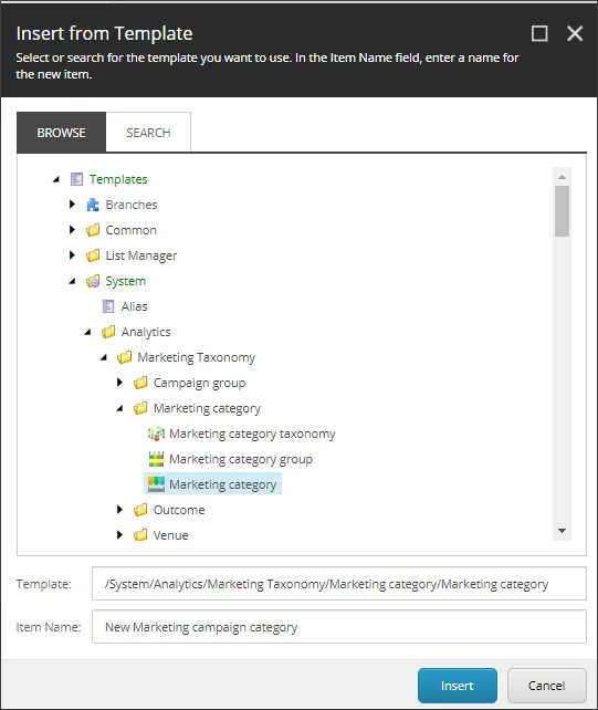 Insert from Template dialog box showing the marketing category.