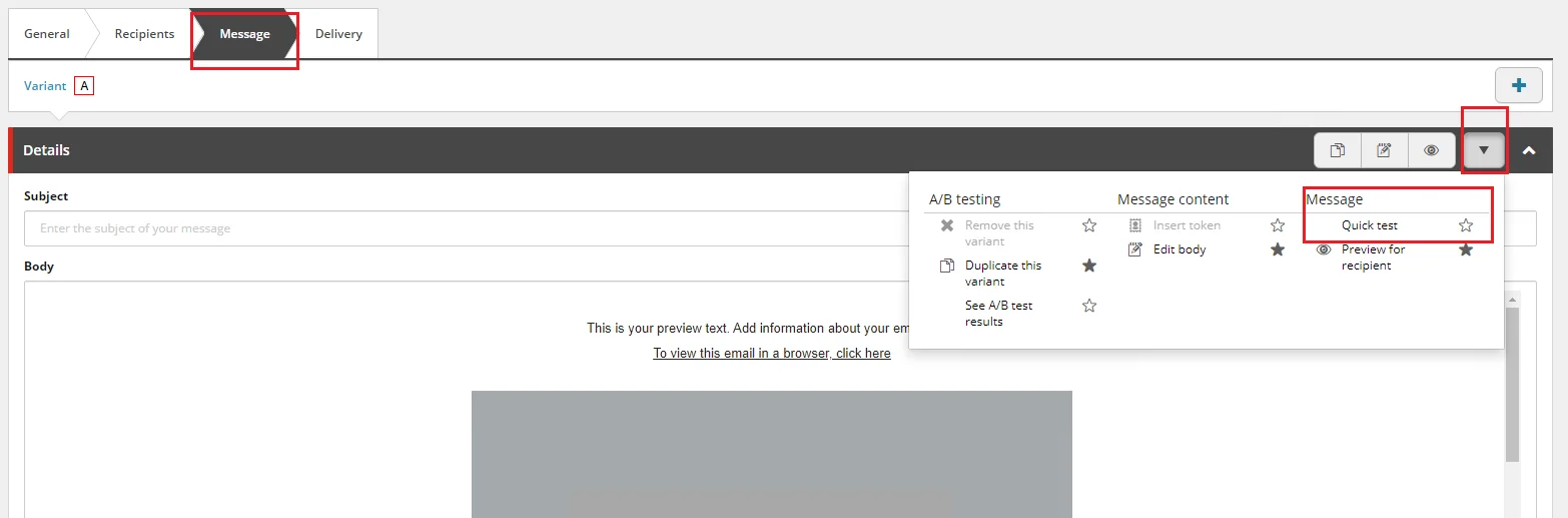 In the drop-down list, select Quick test.