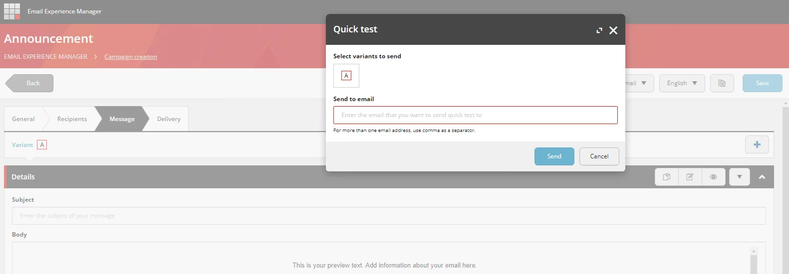 Enter the email addresses to send the test email to.