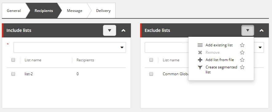 Email Experience Manager Recipients tab showing how to add relevant lists. Email Experience Manager Recipients tab showing how to add relevant lists.