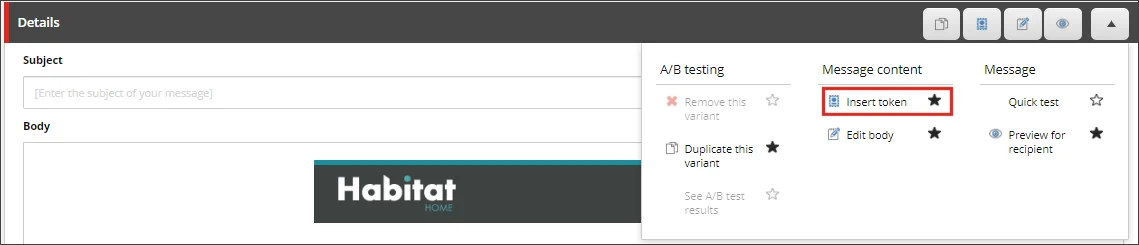 Email Experience Manager Message tab showing how to insert a token.