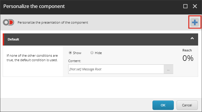 Personalize the Component dialog box showing how to add personalization rules. Personalize the Component dialog box showing how to add personalization rules.