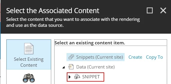 Select the new snippet in the Associated Content dialog box. Select the new snippet in the Associated Content dialog box.